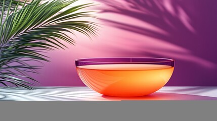 Poster - Orange liquid in glass bowl, palm leaf shadow, pink background. Product display