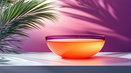 Poster - Orange liquid in glass bowl, palm leaf shadow, pink background. Product display