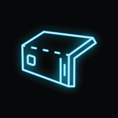Poster - Bright blue neon icon of a cardboard box open on a black background representing a delivery service