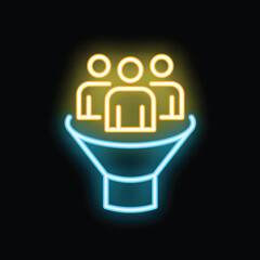 Poster - Neon glowing icon of a marketing funnel filtering customers, perfect for emphasizing the concept of customer retention