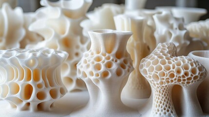 Poster - Intricate 3D-Printed Sculptures Displayed on a Table, Showcasing Unique Designs and Textures
