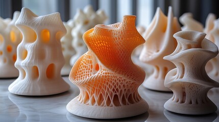 Poster - Intricate 3D-Printed Sculptures Displayed on a Table with Soft Natural Lighting in Background