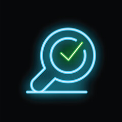 Poster - neon magnifying glass showing green check mark symbol on dark background for validation concept