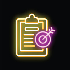 Poster - Neon sign of a clipboard representing a completed checklist and a target with a dart hitting the bullseye