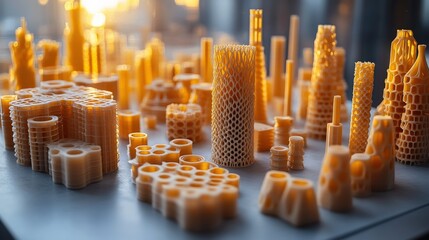 Poster - Intricate 3D-Printed Structures on Display During Sunset, Showcasing Innovative Design and Technology