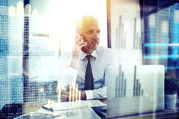 Aufkleber - Business man, phone call and hologram with charts, laptop and discussion for investment advice at company. Mature person, smartphone and computer with futuristic ux, talk and graphs for economy