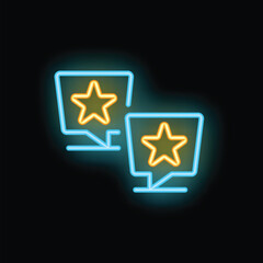 Poster - Neon glowing icon of two speech bubbles containing stars representing customer feedback and satisfaction