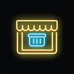 Poster - Neon sign representing online shopping with shopping basket inside store on black background