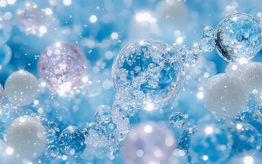 Fototapete - Sparkling water bubbles float on blue background; ideal for cosmetic ads