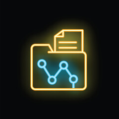 Poster - Neon glowing icon of a folder containing a document and a line chart, representing data analysis