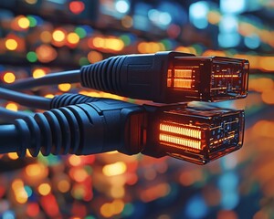 Poster - Network cables glowing in server room, data transfer