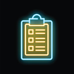 Poster - bright neon clipboard is glowing on a black background, representing the concept of completing a che