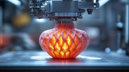 Poster - Intricate orange vase being 3D printed in a modern workshop with glowing filament