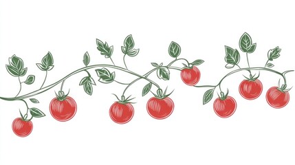 Wall Mural - Vine of ripe tomatoes, leaves, garden, food illustration