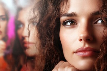 Wall Mural - Pensive female with curly hair reflected in artistic composition