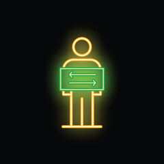 Poster - Neon style icon of a businessman holding a sign showing data exchange, representing concepts like business, technology, and communication