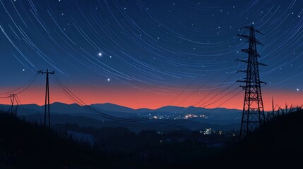 a silhouette of power lines against a nighttime landscape with a star trail effect, capturing a stri