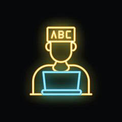 Poster - Neon sign icon of a student learning the alphabet on a laptop, on a black background