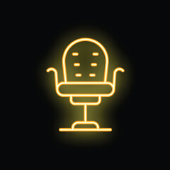 Poster - Yellow neon icon of an office chair with armrests, glowing on a black background