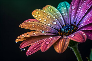 Sticker - Close Up Of A Rainbow Colored Flower With Dew Drops