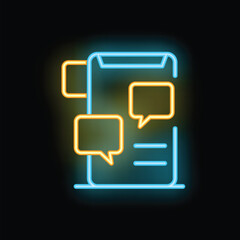 Poster - Bright neon icon of a smartphone with speech bubbles representing online communication on a dark background