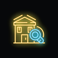 Poster - Neon icon of a magnifying glass searching for a house, representing the concept of house hunting