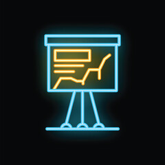 Poster - Glowing neon line icon of a flipchart with a growing chart, perfect for business presentations