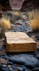 Poster - A sandstone podium, featuring delicate carvings, stands prominently amidst a tranquil desert path scattered with smooth pebbles and wild grasses, glowing softly in the evening light