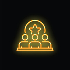 Poster - Neon icon of business team working together reaching for star goal glowing on dark background