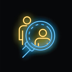 Poster - Blue neon magnifying glass focusing on a candidate with another candidate standing next to it on a black background