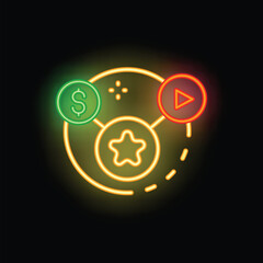 Poster - Neon sign illuminating the concept of content monetization with a star, a dollar sign and a play button