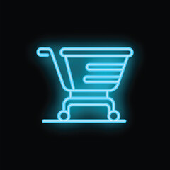 Poster - Neon blue shopping cart glowing on black background representing online shopping and ecommerce