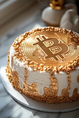 Sticker - A large round cake decorated with a golden Bitcoin symbol and dripping icing on a marble surface