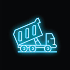 Poster - Blue neon icon of a dumper truck transporting materials, glowing against a dark background