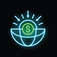 Poster - Neon sign illustrating the concept of global investment with arrows converging on a dollar sign within a globe