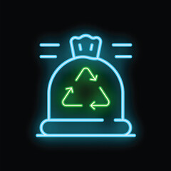 Poster - Neon glowing icon of garbage bag with recycling sign inside on dark brick wall background