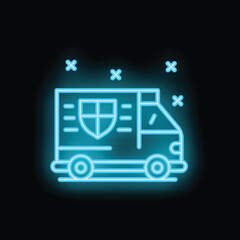 Poster - blue neon style icon of an armored truck delivering money or valuables securely