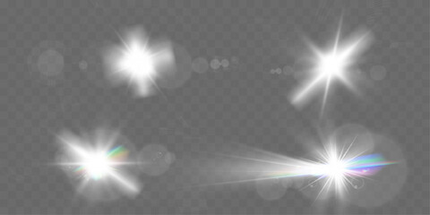 Wall Mural - set of glowing light effects with starbursts and radiating beams on a transparent background, ideal 