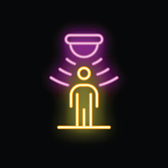 Poster - Neon sign of a motion sensor detecting a human presence, glowing yellow and purple on a black background