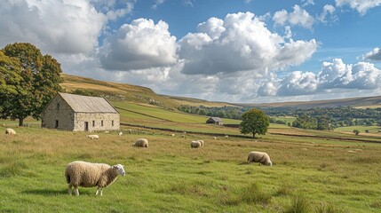 Poster - Soft sunlight bathes a serene field where sheep peacefully graze, surrounded by rolling hills and scattered trees. The sky is filled with fluffy clouds, enhancing the calm atmosphere