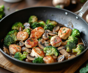 Wall Mural -  A delicious looking skillet dish of chicken broccoli, and mushrooms in a savory sauce Dimensions