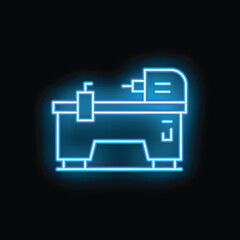 Poster - Blue glowing neon line industrial machine on table icon isolated on black background. Vector illustration