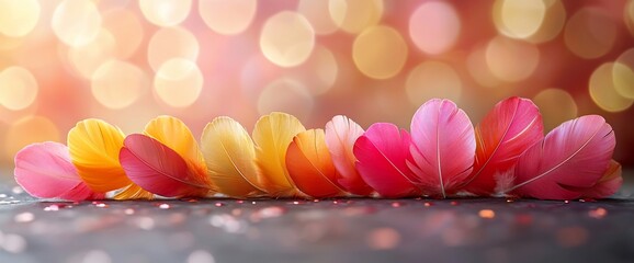 Aufkleber - Colorful feathers arranged on a table, bokeh background, romantic mood, greeting card