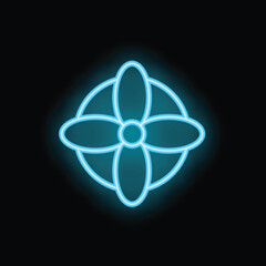 Poster - Bright blue neon atom symbol is glowing on a black background