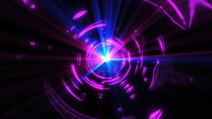 Poster - A glowing purple tunnel with a radiant light at its center, creating a futuristic and sci-fi aesthetic with bright energy waves and abstract background
