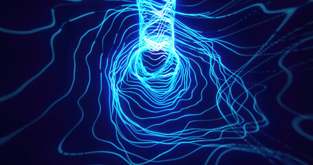 Fototapete - Dynamic blue neon light trails forming wave-like tunnel  patterns in a dark digital space, representing motion and futuristic design