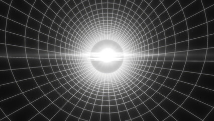 Poster - A tunnel of white grid lines converging into a bright focal point, representing a futuristic abstract digital concept background