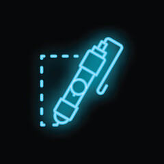 Poster - Blue neon icon of a pen drawing a dashed square, representing content creation