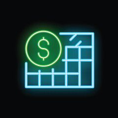 Poster - Glowing neon icon of a financial graph showing increasing profits with a dollar sign, perfect for representing business growth