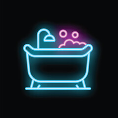 Poster - Blue and pink neon sign representing a bathtub with foam, glowing on a dark background